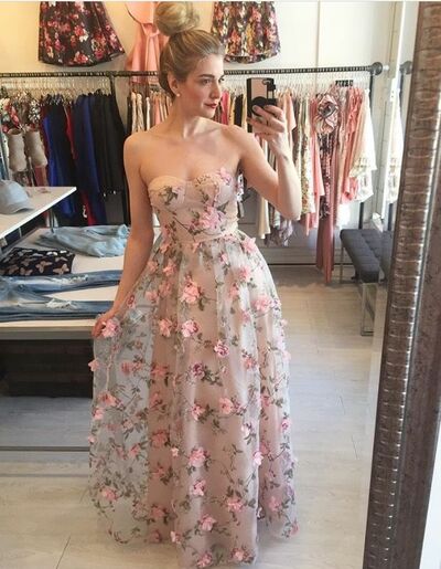 Pink Flowers A Line Prom Dress Formal Dress Evening Gowns