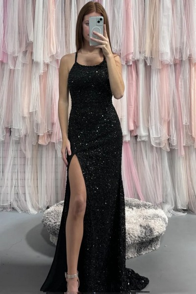 Mermaid Black Sequined Scoop Neck Sleeveless Long Prom Dress with Slit,PD231430