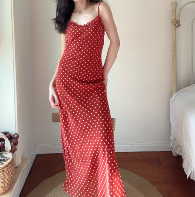 Summer beach holiday style lace collar red bottom polka dot print dress