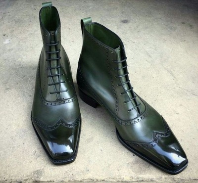 Handmade Men Dress Shoes Green Patina Leather Ankle High Boot