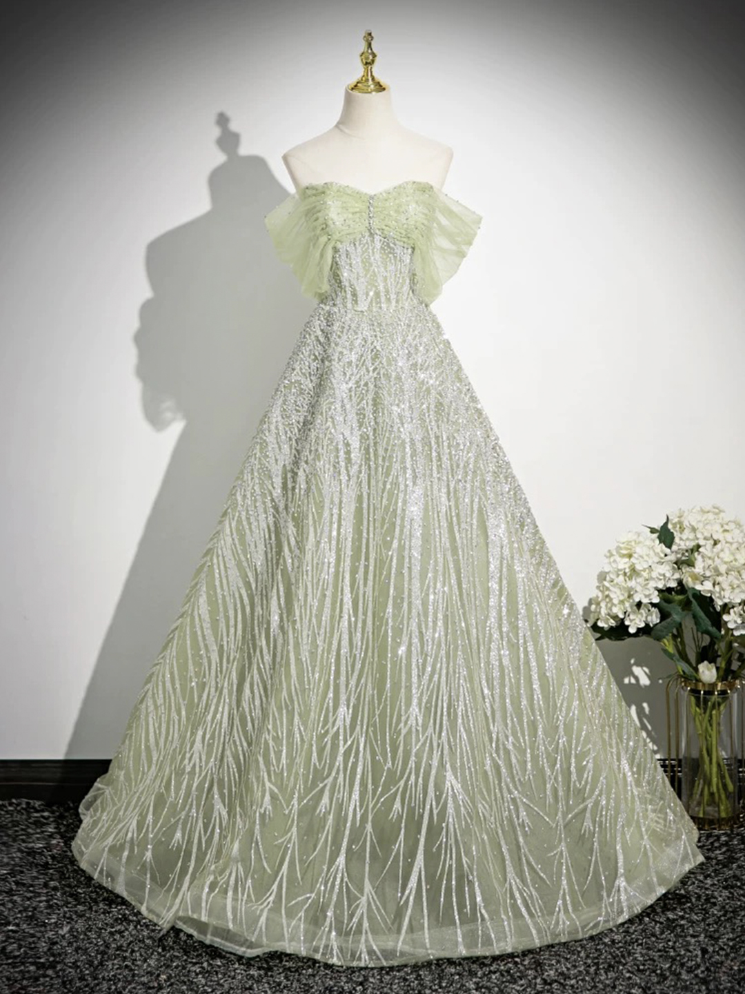 Green Tulle Sequins Long A-Line Prom Party Dress