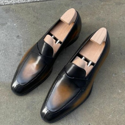 Handmade men black tan patina leather moccasin loafers dress shoes - Thumbnail 2