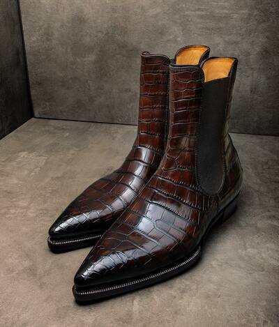Handmade Men Dress Shoes Brown/Burgundy Alligator Full Leather Chelsea Boot