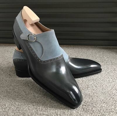 Gray Calf Light Blue Suede Leather Monk Strap Shoes