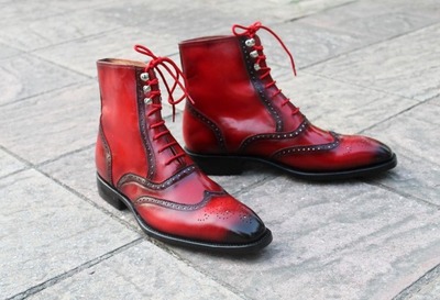 Handmade Men Dress Shoes Red Patina Leather Ankle High Lace Up Boot