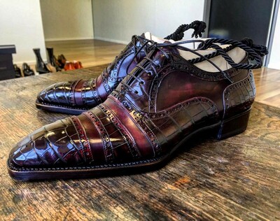 Handmade Men Burgundy Calf Crocodile Leather Dress Shoes