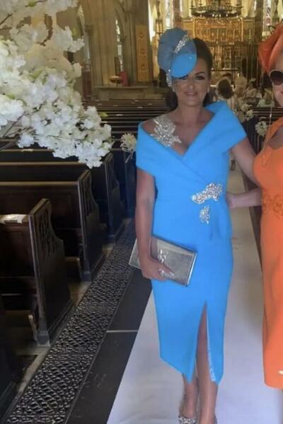 Elegant Blue Sheath Tea-length Mother of the Bride/Groom Dress Evening Formal Prom Dress