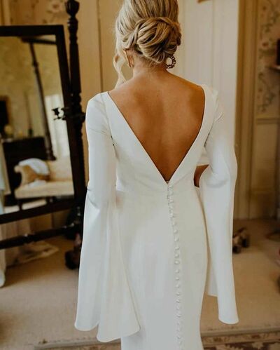 Sheath Cap Sleeves Satin Wedding Dress Bridal Dress Wedding Gown