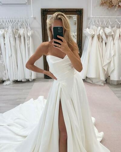 Sexy A-line Sweetheart Side Split Satin Wedding Dress Bridal Dress Wedding Gown