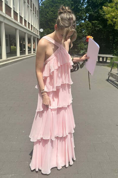 Light Pink Chiffon Formal Dresses Open Back Long Prom Maxi Gown