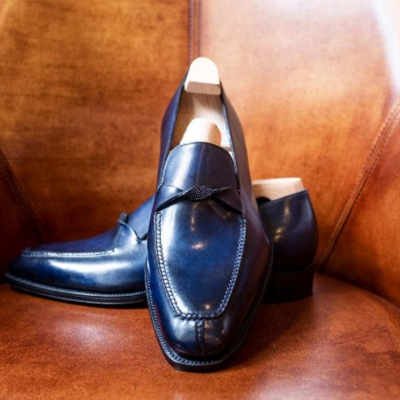 Handmade men blue leather moccasin loafers dress shoes - Thumbnail 4