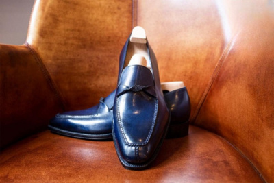 Handmade Men Blue Leather Moccasin Loafers Dress Shoes