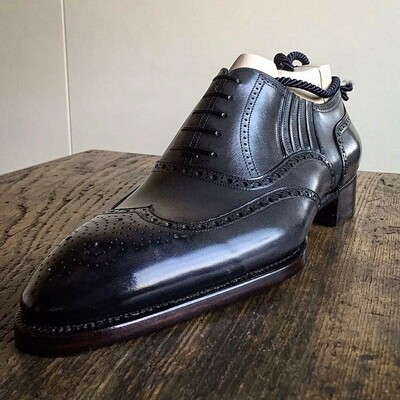 Handmade Men Black Calf Leather Wingtip Oxford Dress Shoes
