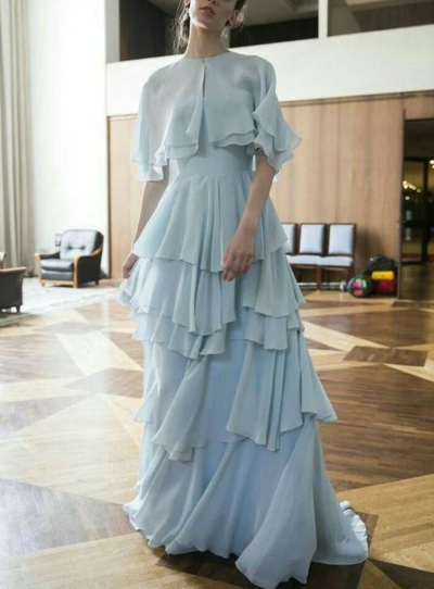 Vintage Light Blue A Line Chiffon Prom Dresses
