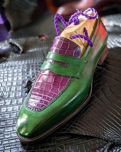 Handmade Men Purple Green Crocodile Leather Moccasin Loafers Shoes
