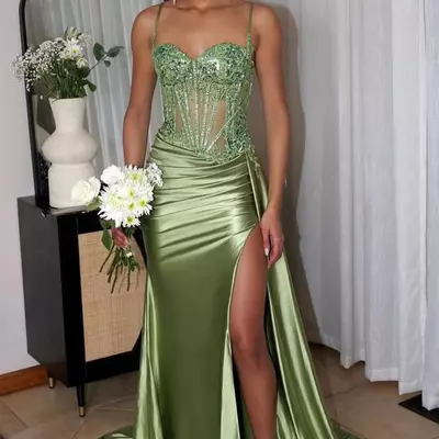 Sage green sequined prom dress spaghetti straps appliqued mermaid - Thumbnail 2