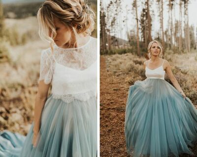 Rustic Blue Boho Tulle Wedding Dress Bridal Dress Bridal Gown