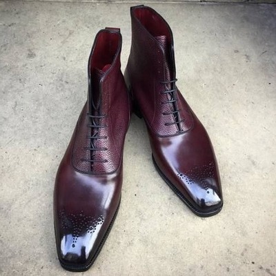 Handmade Men Burgundy Patina Leather Ankle High Boot