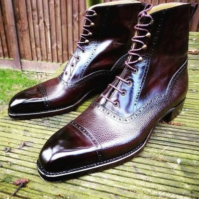 Handmade Men Genuine Leather Ankle High Lace Up Balmoral Boot