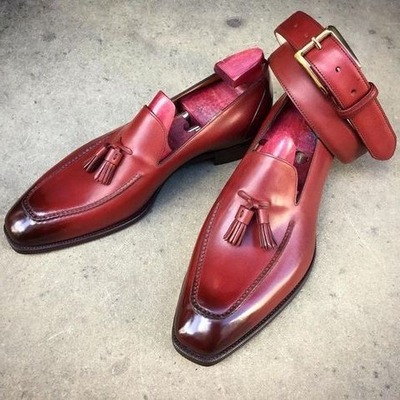 Handmade Men Red Leather Tassel Loafers Dress Shoes with Matching Belt