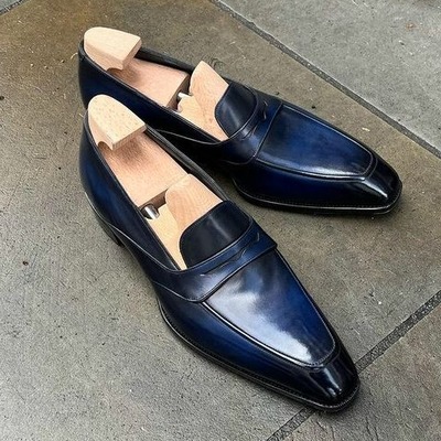 Handmade men blue leather moccasin loafers dress shoes - Thumbnail 1