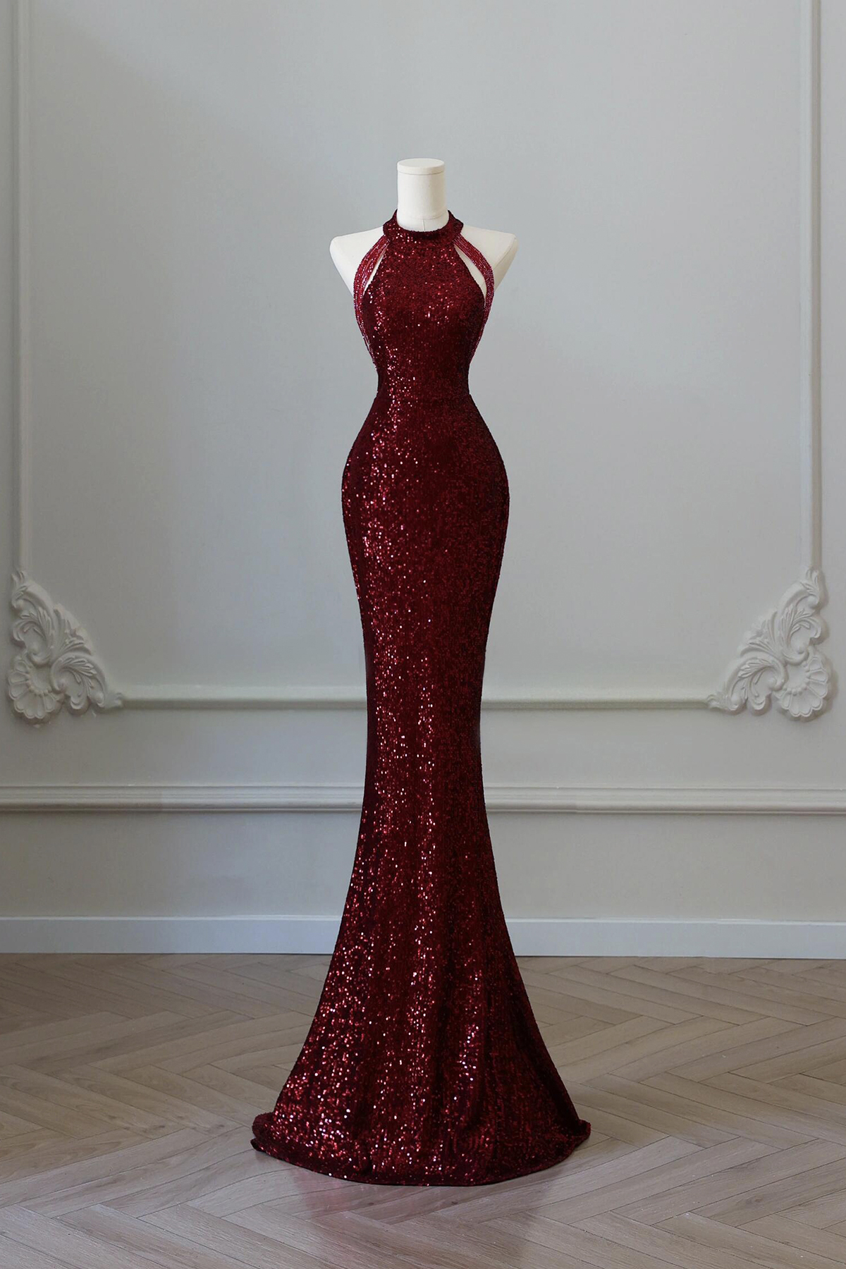 Burgundy Sequins Long Mermaid Prom Party Dress