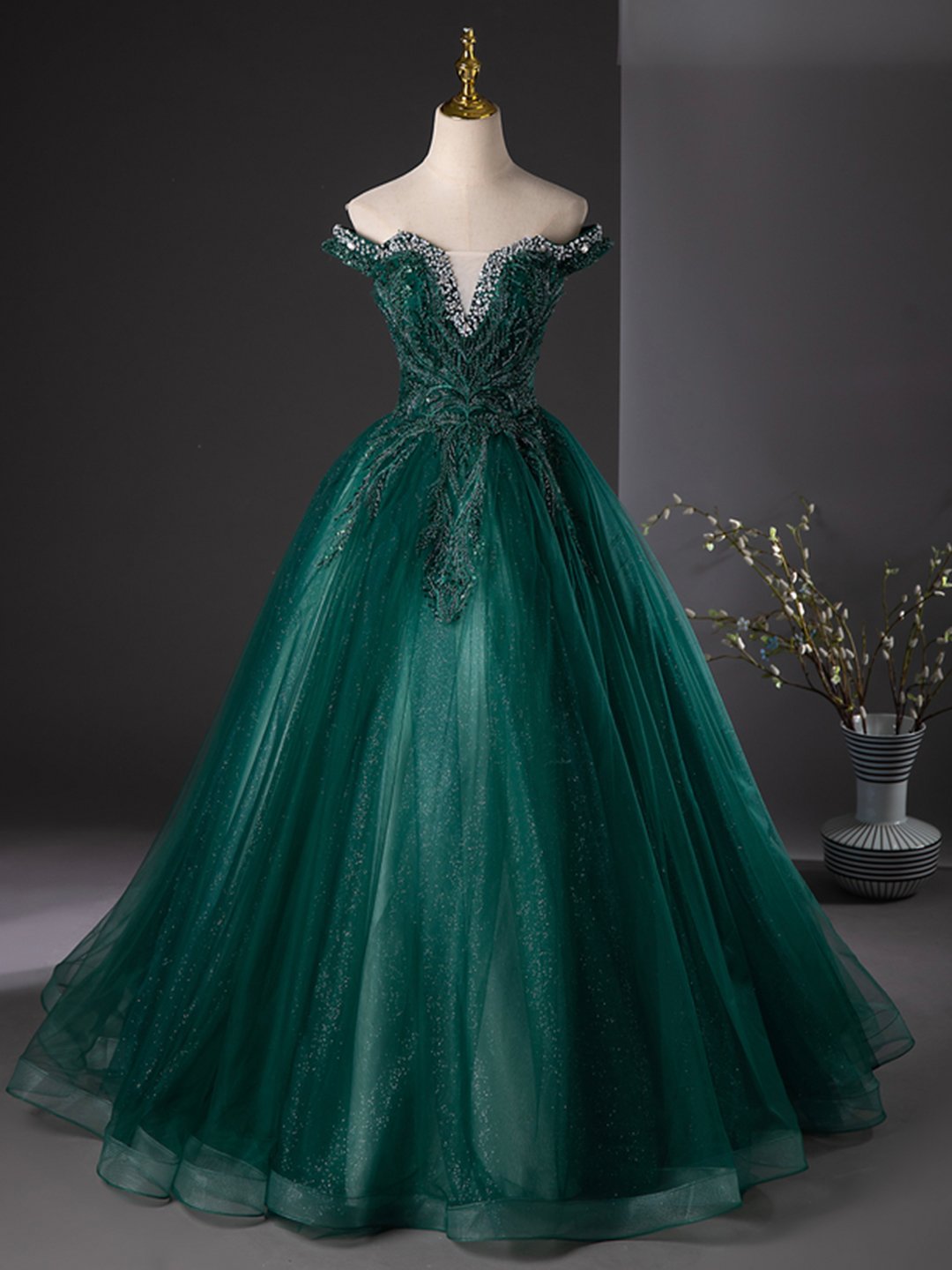 Green Tulle Beads Long Prom Formal Dresses
