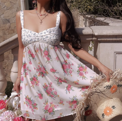 Colorblock chest embroidered print open back casual suspender dress