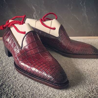 Handmade Men Burgundy Crocodile Leather Moccasin Loafers Dress Shoes