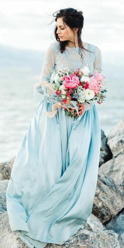 Baby Blue A Line Lace Beach Boho Wedding Dress Bridal Gown Wedding Gown
