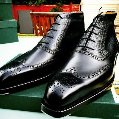 Handmade Men Black Calf Grain Leather Ankle High Boot