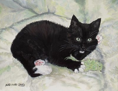 "Kitten And A Favorite Toy" Tuxedo cat art, Original Acrylic Painting By N.E.Thompson, 11x14 Inches