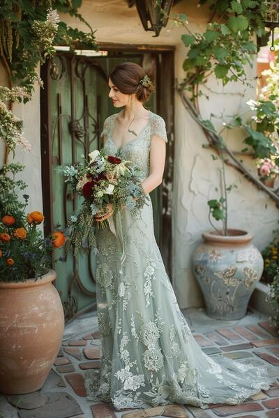 Sage Mermaid Lace Appliques Beach Boho Wedding Dress Bridal Gown Wedding Gown