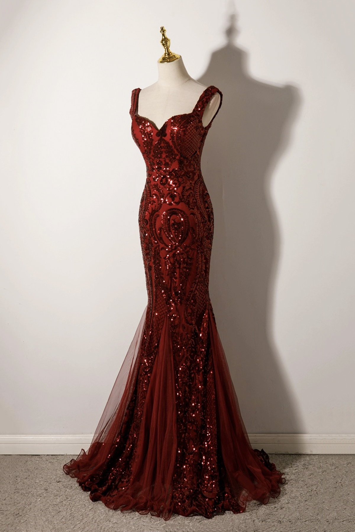 Burgundy Sequins Long Mermaid Prom Party Dress