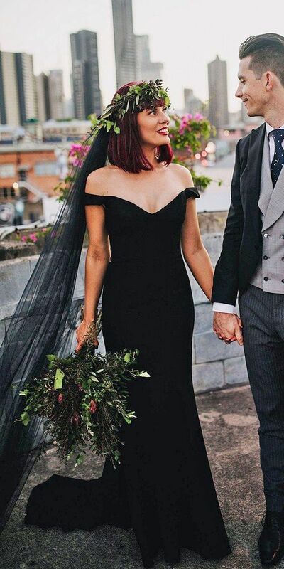 Simple Sheath Black V Neck Wedding Dress Bridal Gown Wedding Gown