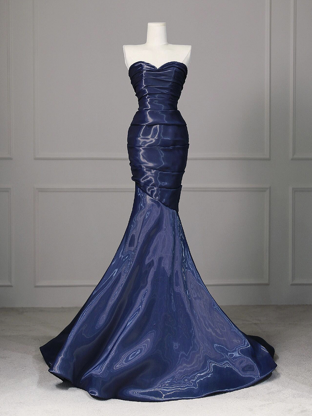 Blue Strapless Satin Long Mermaid Prom Party Dress