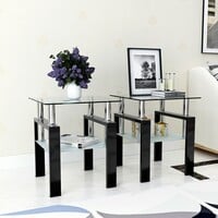Set of 2 Modern Tempered Glass Coffee Tables | Square End Tables for Living Room | Transparent & Black Design - Thumbnail 2
