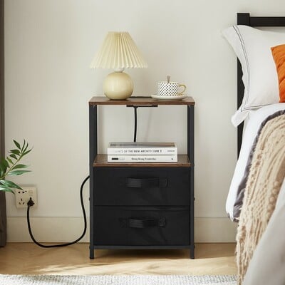 End Table with USB Charging Station | Nightstand with Outlets, 2 Drawers & Storage Shelf | Bedside Sofa Cabinet