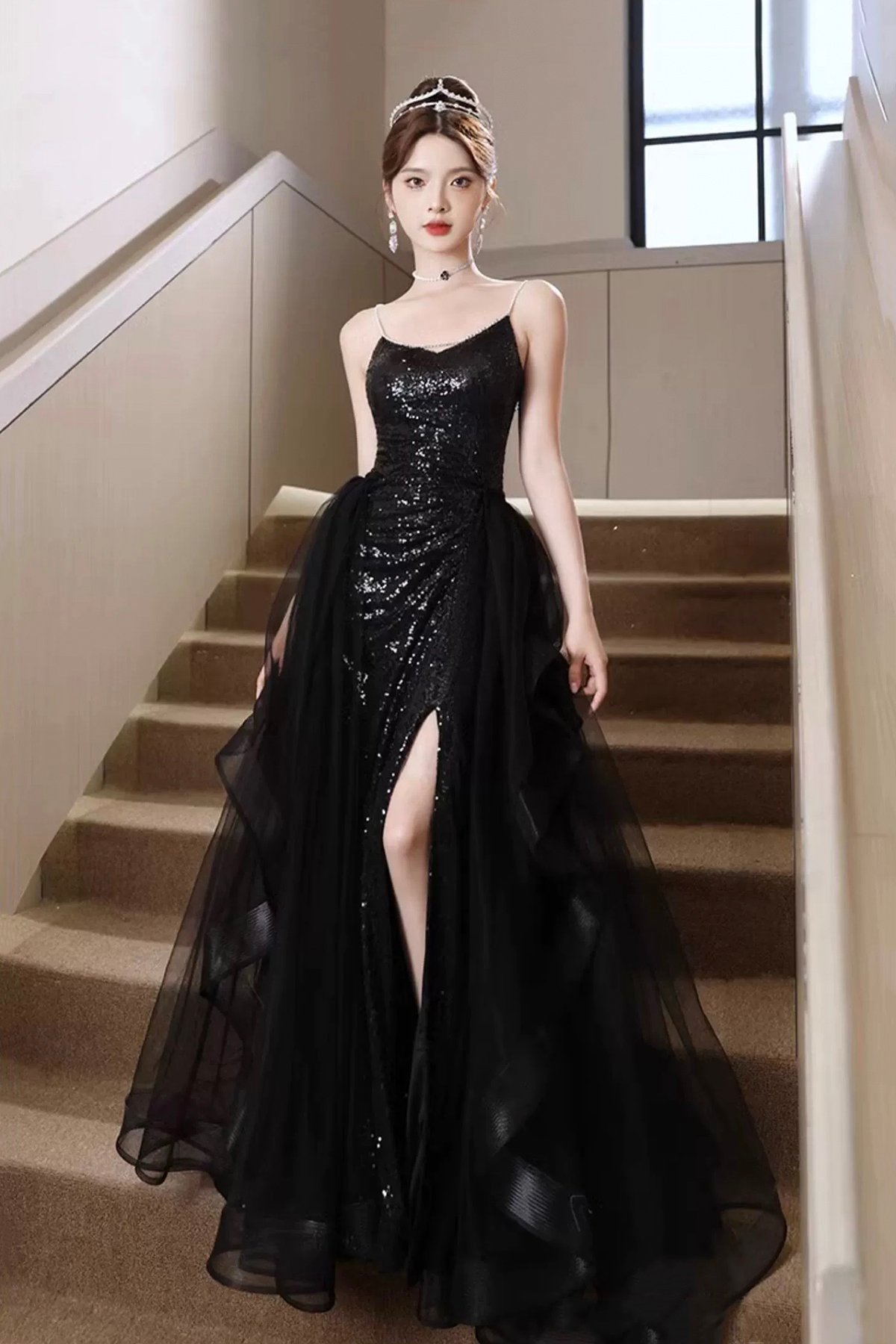Black Tulle Sequins Long Prom Dress, Black Evening Party Dress