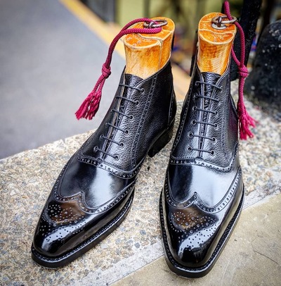 Handmade Men Black Calf Leather Wingtip Ankle High Dress Boot