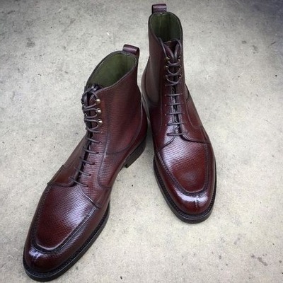 Handmade Men Burgundy Grain Leather Ankle High Lace up Dress Boot
