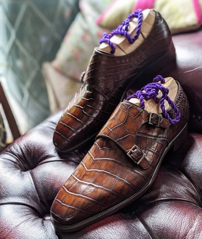 Handmade Men Brown Crocodile Leather Monk Strap Dress Shoes