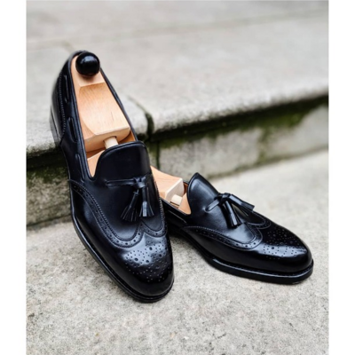 Handmade men black calf leather tassel loafers dress shoes  - Thumbnail 1