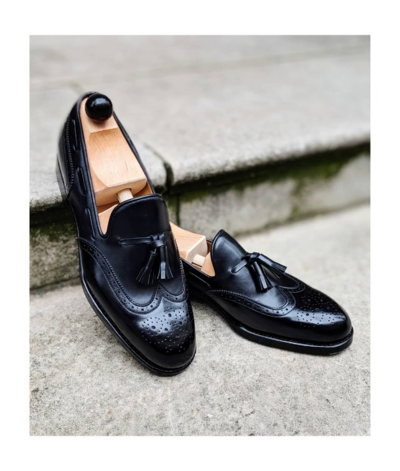 Handmade Men Black Calf Leather Tassel Loafers Dress Shoes