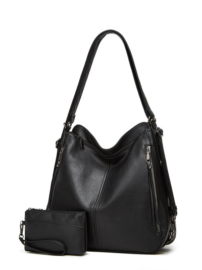 Women Tote Bag Handbags PU Leather Fashion Hobo Shoulder Bags Two Piexe Black