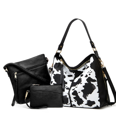 Women Western Cow Print Purse Designer Top Handle Handbags Three Piece Black