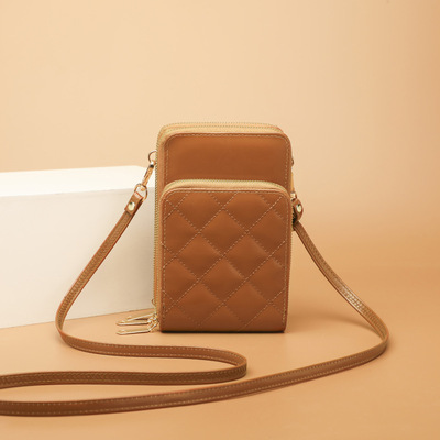 Female Retro Diagonal Cross Phone Bag Three layer Zipper Bag Small Bag Brown