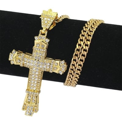 Rhinestone Cross Pendant Necklace – Shiny Zircon Gold & Silver Chain for Men & Women, Hip-Hop Fashion Jewelry