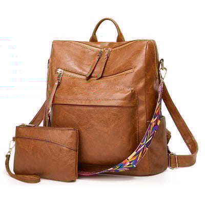 Women's Soft Leather Large Capacity Backpack Brown