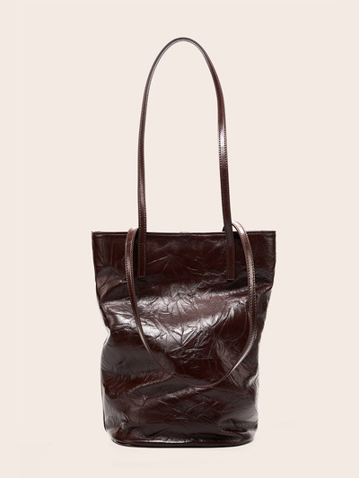 Women Cowhide Bucket Bag Large Capacity Retro Shoulder Bag Brown